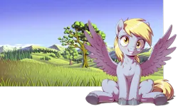 Size: 1978x1216 | Tagged: safe, anonymous prompter, machine learning generated, stable diffusion, derpy hooves, pegasus, pony, g4, ai composition, female, fourth wall destruction, grass, happy, hooves, image, looking at you, nature, out of border, png, sitting, sky, smiling, smiling at you, solo, transparent border, tree, wings