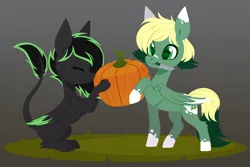 Size: 3186x2129 | Tagged: safe, artist:belka-sempai, derpibooru import, oc, oc:eytlin, oc:inex code, unofficial characters only, pegasus, pony, sphinx, colored hooves, colored wings, duo, duo male and female, female, halloween, holiday, hooves, image, male, outdoors, pegasus oc, png, pumpkin, pumpkin carving, sphinx oc, tail, two toned mane, two toned tail, two toned wings, wings