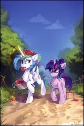 Size: 1323x1996 | Tagged: safe, artist:ramiras, derpibooru import, princess celestia, twilight sparkle, alicorn, pony, unicorn, fanfic:celestia xvii, g4, alternate universe, apple, basket, blue sky, chest fluff, cloud, cute, cutelestia, dirt road, duo, duo female, eating, fanfic art, female, fence, food, glasses, horn, image, looking at each other, mare, meganekko, png, scratches, size comparison, sky, tree, twiabetes, unicorn twilight