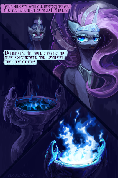 Size: 3000x4500 | Tagged: safe, artist:anastas, derpibooru import, part of a set, nightmare rarity, oc, oc:cosmic wave, pony, unicorn, series:ask nightmare rarity, g4, ask, blue fire, burner, burning, comic, cyrillic, dialogue, english, ethereal mane, eyelashes, eyeshadow, fangs, female, fire, flowing mane, flowing tail, glow, glowing horn, horn, image, indoors, jewelry, magic, magic aura, makeup, mare, mlp art ask (ru), nightmarified, open mouth, png, question mark, regalia, slender, slit pupils, speech bubble, starry mane, starry tail, tail, tall, text, thin, translation, walking