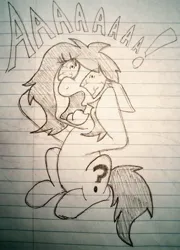 Size: 2318x3214 | Tagged: safe, artist:dhm, derpibooru import, oc, oc:anonfilly, pony, aaaaaaaaaa, bloodshot eyes, female, filly, foal, image, jpeg, lined paper, monochrome, pencil drawing, screaming, solo, terrified, text, traditional art