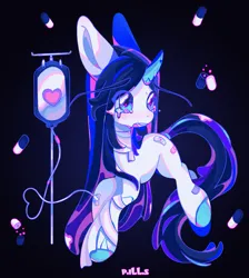 Size: 1733x1930 | Tagged: safe, artist:p.ill.s, artist:pillstraumacore, derpibooru import, oc, unofficial characters only, pony, unicorn, bandage, bandaid, crying, horn, image, iv drip, medicine, pills, png, solo, teary eyes