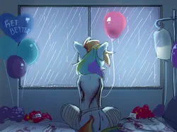 Size: 3334x2500 | Tagged: grimdark, suggestive, artist:piesinful, derpibooru import, rainbow dash, pegasus, pony, fanfic:cupcakes, g4, balloon, bed, blood, female, flower, hair, hospital, hospital bed, image, injured, looking away, mare, multicolored hair, multicolored tail, png, rain, sad, scar, solo, tail, window