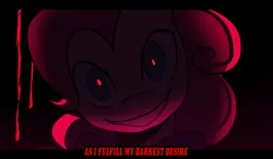 Size: 4486x2611 | Tagged: grimdark, artist:piesinful, derpibooru import, pinkie pie, earth pony, pony, fanfic:cupcakes, g4, evil grin, five nights at freddy's, grin, hair, image, png, red eyes, reference, shadow, simple background, singing, smiling, solo, text