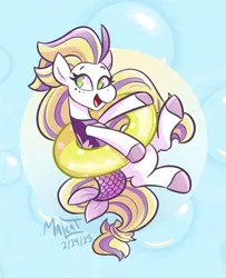 Size: 812x1000 | Tagged: safe, artist:malcat, derpibooru import, horse, pony, bubble, clothes, female, finley (wild manes), fish tail, floaty, image, jpeg, mare, mermaid tail, open mouth, open smile, pool toy, smiling, solo, swimsuit, tail, wild manes