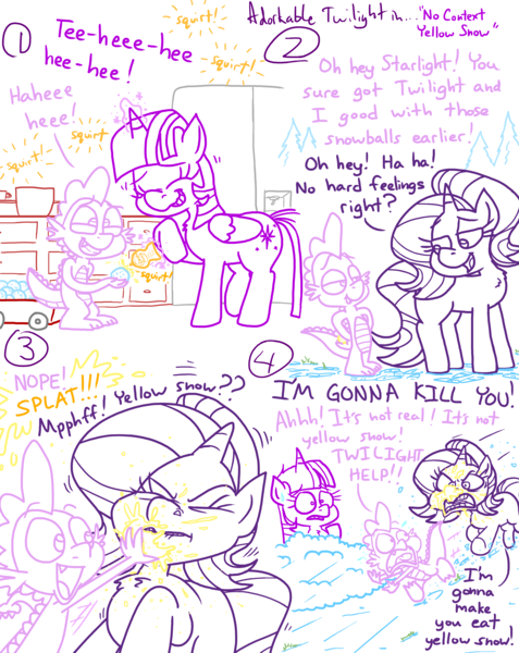 Size: 4779x6013 | Tagged: safe, artist:adorkabletwilightandfriends, derpibooru import, spike, starlight glimmer, twilight sparkle, twilight sparkle (alicorn), alicorn, comic:adorkable twilight and friends, g4, adorkable, adorkable twilight, angry, chase, comic, cute, dork, fail, funny, humor, image, joke, laughing, lemon juice, png, prank, running, scared, screaming, slice of life, smashing, smiling, snickering, snow, snowball, worried, yelling, yellow snow