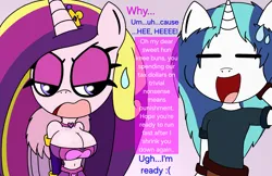 Size: 2048x1328 | Tagged: safe, artist:tenebrousmelancholy, derpibooru import, princess cadance, shining armor, alicorn, anthro, unicorn, g4, annoyed, breasts, busty princess cadance, confrontation, dialogue, digital art, duo, eyeshadow, female, horn, husband and wife, image, makeup, male, married couple, png, speech bubble