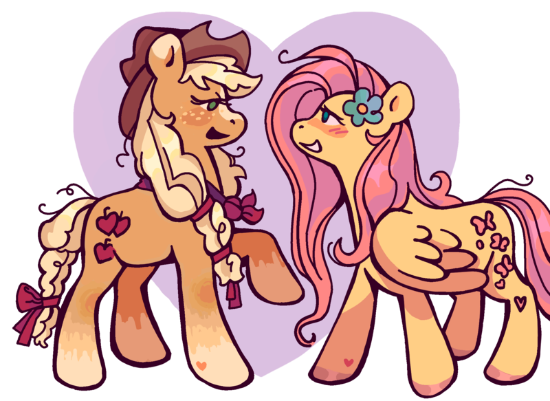 Size: 2132x1555 | Tagged: dead source, safe, artist:queenrosedust, derpibooru import, applejack, fluttershy, earth pony, pegasus, pony, g4, :d, applejack's hat, backlighting, blushing, bow, colored hooves, cowboy hat, duo, duo female, feathered wings, female, flower, flower in hair, freckles, full body, gradient hooves, grin, hat, heart, heart background, height difference, hooves, image, lesbian, lidded eyes, long mane, looking at each other, looking at someone, mare, neckerchief, no pupils, open mouth, open smile, out of frame, partially transparent background, pink hooves, png, raised hoof, ribbon, ship:appleshy, shipping, side view, smiling, smiling at each other, standing, stray strand, tail, tail bow, wings