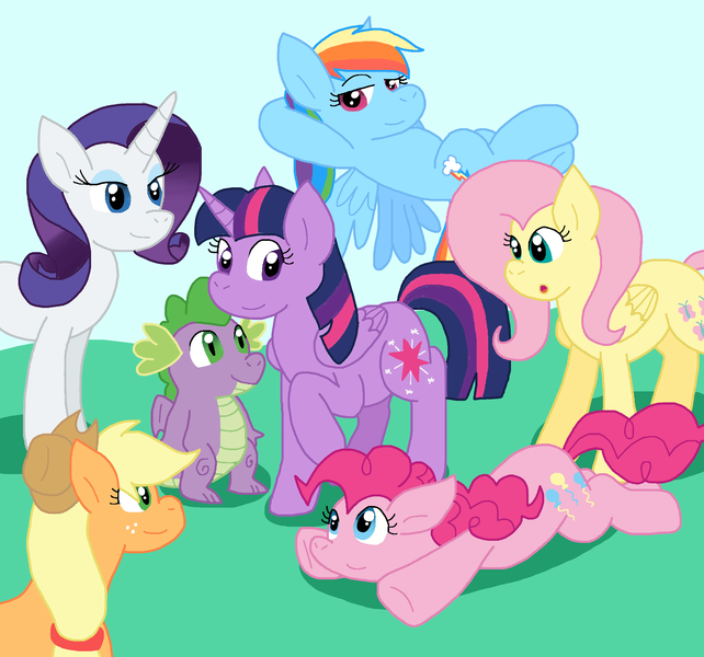 Size: 1700x1588 | Tagged: safe, artist:cmara, derpibooru import, applejack, fluttershy, pinkie pie, rainbow dash, rarity, spike, twilight sparkle, twilight sparkle (alicorn), alicorn, dragon, earth pony, pegasus, pony, unicorn, g4, cute, female, horn, image, male, mane seven, mane six, outdoors, png, winged spike, wings