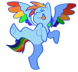 Size: 953x875 | Tagged: safe, artist:z0mb3a, derpibooru import, rainbow dash, pegasus, pony, g4, ><, alternate design, bipedal, chest fluff, colored wings, colored wingtips, eyes closed, feathered wings, female, full body, happy, image, mare, multicolored wings, open mouth, open smile, png, rainbow wings, raised hoof, raised hooves, raised leg, short hair rainbow dash, short mane, simple background, smiling, solo, spread wings, standing, standing on one leg, underhoof, white background, wings, xd