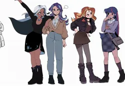 Size: 2048x1416 | Tagged: safe, artist:dogu, artist:stresseddog_, derpibooru import, starlight glimmer, sunset shimmer, trixie, twilight sparkle, human, g4, bag, blackwashing, clothes, denim, female, flirting, humanized, image, jacket, jeans, jpeg, leather, leather jacket, lesbian, pants, shipping, simple background, skirt, startrix, sunsetsparkle