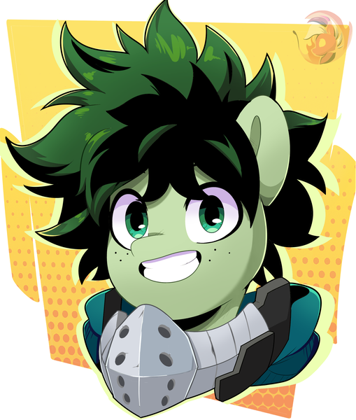 Size: 1896x2236 | Tagged: safe, artist:joaothejohn, derpibooru import, ponified, pony, anime, bust, clothes, cute, fanart, freckles, grin, image, izuku midoriya, looking at you, male, my hero academia, png, portrait, simple background, smiling, solo