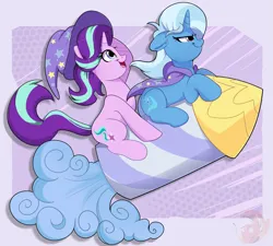 Size: 3213x2898 | Tagged: safe, artist:joaothejohn, derpibooru import, starlight glimmer, trixie, pony, unicorn, g4, accessory swap, action figure, alternate design, canon, cape, clothes, cute, duo, duo female, female, flying, guardians of harmony, hat, high res, horn, image, lidded eyes, looking up, mare, open mouth, open smile, png, rocket, shipping, simple background, smiling, tongue out, toy, toy interpretation, trixie's cape, trixie's hat, trixie's rocket