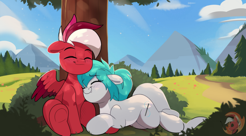 Size: 1964x1089 | Tagged: safe, artist:joaothejohn, derpibooru import, oc, oc:flamebrush, oc:rikka, unofficial characters only, original species, pegasus, pony, shark, shark pony, blushing, brush, colored wings, couple, cuddling, cute, duo, duo male and female, eyes closed, female, forest, image, lying down, male, mare, mountain, nature, oc x oc, open mouth, outdoors, pegasus oc, png, ponytail, shipping, sitting, smiling, stallion, straight, tree, two toned wings, under the tree, underhoof, wings