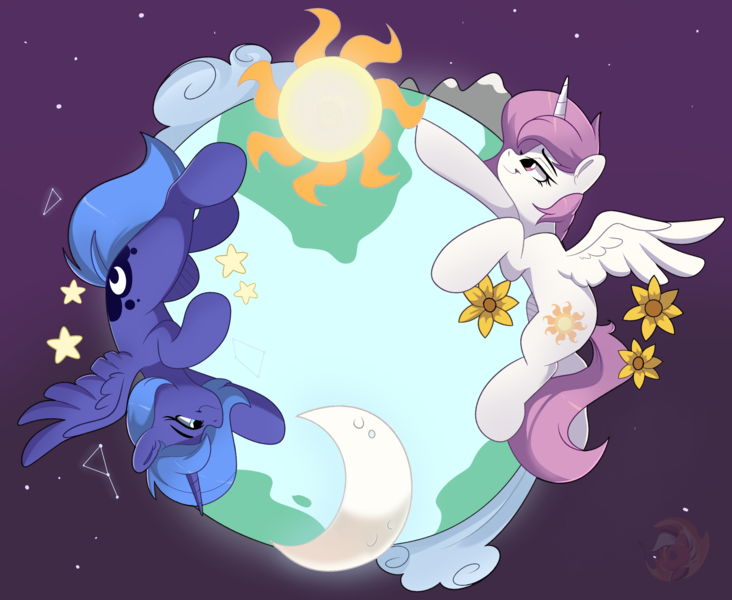 Size: 3256x2668 | Tagged: safe, artist:joaothejohn, derpibooru import, princess celestia, princess luna, alicorn, pony, g4, cloud, constellation, cute, duo, duo female, equestria, female, flag of equestria, flower, horn, image, mare, moon, mountain, pink-mane celestia, png, siblings, sisters, space, spread wings, stars, sun, sunflower, wings, young luna, younger