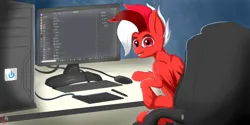 Size: 1600x800 | Tagged: safe, artist:joaothejohn, derpibooru import, oc, oc:flamebrush, unofficial characters only, pegasus, pony, chair, colored wings, computer, computer mouse, discord (program), drawing tablet, folded wings, image, keyboard, male, monitor, office chair, pegasus oc, png, solo, stallion, two toned wings, wings