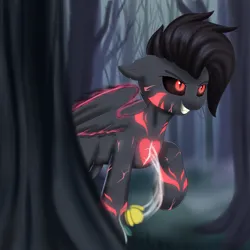 Size: 1900x1900 | Tagged: safe, artist:joaothejohn, derpibooru import, oc, oc:doom heartbreaker, unofficial characters only, pegasus, pony, hearthbreakers, darkness, evil, floppy ears, flower, fog, forest, image, nature, pegasus oc, png, smiling, solo, sucking, tree, wings