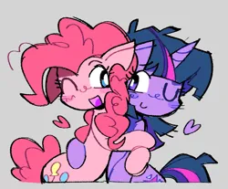 Size: 1007x833 | Tagged: safe, artist:beanaay, derpibooru import, pinkie pie, twilight sparkle, earth pony, pony, unicorn, g4, ;d, blush scribble, blushing, closed mouth, duo, duo female, female, gray background, heart, horn, hug, image, lesbian, looking at each other, looking at someone, mare, one eye closed, open mouth, open smile, png, shipping, simple background, smiling, smiling at each other, stray strand, twinkie, unicorn twilight, wink