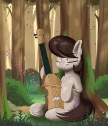 Size: 1500x1755 | Tagged: safe, artist:joaothejohn, derpibooru import, octavia melody, earth pony, pony, g4, bow (instrument), cello, cute, eyes closed, female, forest, image, mare, music, music notes, musical instrument, nature, outdoors, plants, png, sitting, solo, tavibetes, tree, underhoof