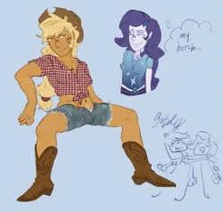 Size: 1981x1889 | Tagged: safe, artist:sutured, derpibooru import, applejack, rarity, human, g4, ><, applejack's hat, blushing, boots, butch, clothes, cowboy boots, cowboy hat, doodle, duo, duo female, embarrassed, eyes closed, female, flannel, flannel shirt, flirting, hairclip, happy trail, hat, humanized, image, leg hair, lesbian, png, rarijack, shipping, shoes, shorts, simple background, sitting, smiling, smirk, stomach