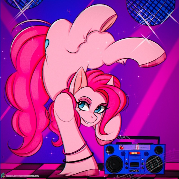 Size: 1000x1000 | Tagged: safe, artist:namelessplaza, derpibooru import, pinkie pie, earth pony, pony, g4, backbend, bracelet, dance floor, dancing, disco ball, image, jewelry, jpeg, party, smiling, solo, upside down