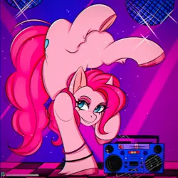 Size: 1000x1000 | Tagged: safe, artist:namelessplaza, derpibooru import, pinkie pie, earth pony, pony, g4, backbend, bracelet, dance floor, dancing, disco ball, image, jewelry, jpeg, party, smiling, solo, upside down