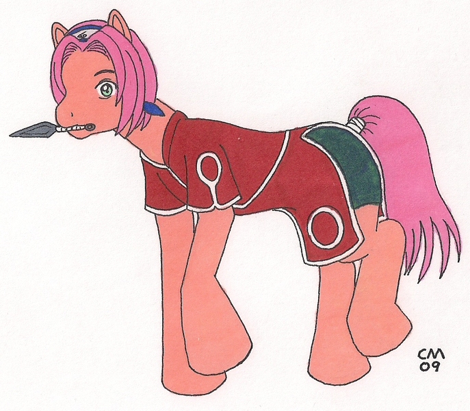 Size: 976x852 | Tagged: safe, artist:cqmorrell, derpibooru import, ponified, earth pony, pony, g1, clothes, female, haruno sakura, image, jpeg, kunai, mouth hold, naruto, simple background, solo, traditional art, white background