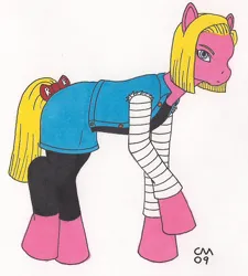 Size: 828x922 | Tagged: safe, artist:cqmorrell, derpibooru import, ponified, earth pony, pony, g1, android 18, clothes, dragon ball, female, image, jpeg, raised hoof, simple background, solo, traditional art, white background