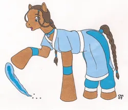 Size: 1073x926 | Tagged: safe, artist:cqmorrell, derpibooru import, ponified, earth pony, pony, g1, avatar the last airbender, clothes, female, image, jpeg, katara, raised hoof, simple background, solo, traditional art, waterbending, white background