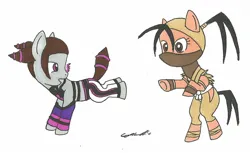 Size: 1275x781 | Tagged: safe, artist:cqmorrell, derpibooru import, ponified, earth pony, pony, bipedal, bucking, clothes, duo, female, ibuki, image, jpeg, juri han, simple background, street fighter, traditional art, white background