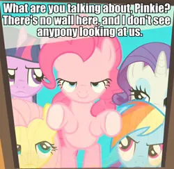 Size: 600x584 | Tagged: safe, derpibooru import, edit, edited screencap, screencap, fluttershy, pinkie pie, rainbow dash, rarity, twilight sparkle, earth pony, pegasus, pony, unicorn, g4, blue coat, blue eyes, breaking the fourth wall, cropped, cyan eyes, female, fourth wall, horn, image, jpeg, magenta eyes, mare, meme, multicolored mane, multicolored tail, pink mane, purple coat, purple eyes, purple mane, tail, text, white coat, yellow coat