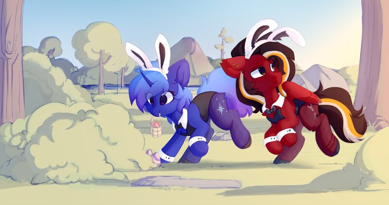 Size: 3000x1586 | Tagged: safe, artist:little-sketches, ponerpics import, oc, oc:polaris starshine, unofficial characters only, pegasus, pony, unicorn, basket, blue mane, blue tail, bowtie, bracelet, bunny ears, bunny suit, bush, butt fluff, cheek fluff, chest fluff, clothes, curved horn, duo male and female, ear fluff, ear piercing, easter, easter egg, easter egg hunt, eye clipping through hair, eyebrows visible through hair, female, fishnets, floppy ears, gradient mane, gradient tail, grass, highlights, holiday, hoof shoes, horn, image, jewelry, jpeg, leg fluff, male, mare, mountain, mouth hold, outdoors, partially open wings, pegasus oc, piercing, purple coat, raised hoof, raised leg, red coat, river, rock, sky, smiling, stallion, tree, trotting, turned head, unicorn horn, unicorn oc, wings