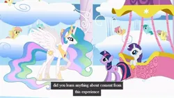 Size: 640x360 | Tagged: safe, derpibooru import, edit, edited screencap, screencap, princess celestia, rarity, twilight sparkle, alicorn, pegasus, pony, unicorn, g4, background pony, caption, horn, hot air balloon, image, jpeg, meme, youtube caption