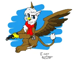 Size: 1780x1460 | Tagged: safe, derpibooru import, oc, oc:griffin, unofficial characters only, gryphon, beak, clothes, dagger, gun, image, male, open beak, open mouth, png, scarf, solo, spread wings, weapon, wings