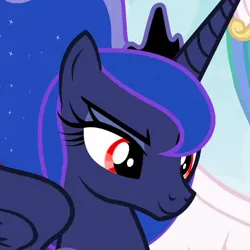 Size: 500x500 | Tagged: safe, derpibooru import, edit, edited screencap, screencap, princess celestia, princess luna, alicorn, pony, between dark and dawn, g4, season 9, spoiler:s09, cropped, crown, eye color change, female, image, jewelry, jpeg, looking at you, mare, my little pony, red eyes, regalia, smiling, solo focus, wrong eye color