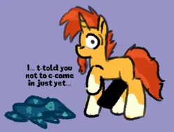 Size: 548x416 | Tagged: suggestive, artist:zoeyhorse, derpibooru import, sunburst, pony, unicorn, g4, censor bar, censored, censored penis, dialogue, horn, image, implied big penis, implied penis, looking at you, male, png, purple background, simple background, solo, solo male, stallion, talking to viewer