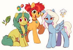 Size: 3350x2297 | Tagged: safe, artist:orchidpony, derpibooru import, oc, oc:chip, oc:fiddleleaf, oc:pompom, unofficial characters only, earth pony, pegasus, pony, unicorn, cutie mark, eye clipping through hair, female, high res, horn, image, jewelry, looking at you, mare, necklace, open mouth, open smile, png, raised hoof, simple background, smiling, smiling at you, trio, white background, wings