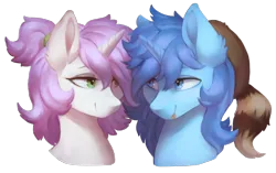 Size: 1419x893 | Tagged: safe, artist:orchidpony, derpibooru import, oc, oc:meno, oc:orchid, unofficial characters only, pony, unicorn, :p, bust, coonskin cap, duo, horn, image, looking at each other, looking at someone, orno, png, portrait, simple background, smiling, smiling at each other, tongue out, transparent background