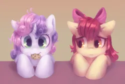 Size: 3029x2039 | Tagged: safe, artist:orchidpony, derpibooru import, apple bloom, sweetie belle, earth pony, pony, unicorn, g4, adorabloom, apple bloom's bow, bow, bust, chest fluff, cookie, cute, diasweetes, duo, duo female, female, filly, foal, food, hair bow, horn, image, jealous, mouth hold, png