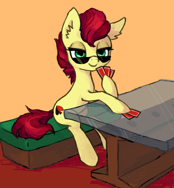 Size: 1647x1776 | Tagged: safe, artist:orchidpony, derpibooru import, oc, oc:aces high, unofficial characters only, earth pony, pony, earth pony oc, female, glass table, image, mare, playing card, png, sitting, smiling, solo, sunglasses