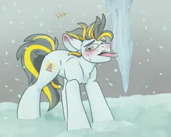 Size: 1500x1200 | Tagged: safe, artist:rhodium, derpibooru import, oc, oc:circuit breaker, unofficial characters only, ice, icicle, image, png, snow, snowfall, tongue out