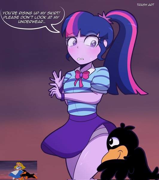 Size: 1811x2048 | Tagged: suggestive, artist:eltrash_art6, derpibooru import, sci-twi, twilight sparkle, bird, crow, human, equestria girls, g4, alice in wonderland, blushing, bracelet, clothes, female, gradient background, image, jewelry, jpeg, looking down, panties, ponytail, purple eyes, purple hair, purple skin, reference used, skirt, skirt lift, socks, solo, solo female, speech bubble, thigh highs, underwear