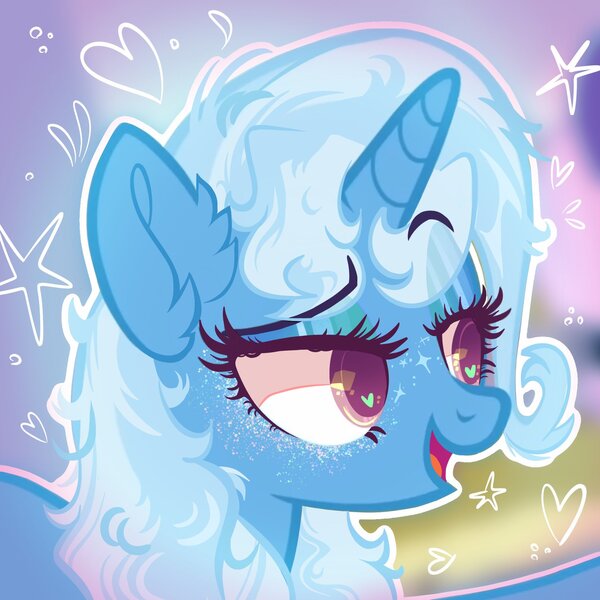 Size: 2048x2048 | Tagged: safe, artist:deerdreamers, derpibooru import, trixie, unicorn, g4, blue coat, blurry background, ear fluff, eyelashes, glitter, heart, heart eyes, horn, image, jpeg, open mouth, purple eyes, redraw, smug, talking, wingding eyes