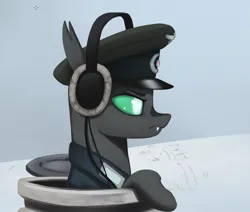 Size: 1001x848 | Tagged: safe, artist:mrscroup, derpibooru import, oc, oc:trimmel, unofficial characters only, changeling, equestria at war mod, cap, changeling oc, clothes, hat, headphones, image, military uniform, png, snow, solo, tank (vehicle), uniform