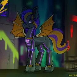 Size: 1140x1140 | Tagged: safe, artist:wh189, derpibooru import, oc, oc:bright wings, pony, robot, robot pony, city, cityscape, cyberpunk, graffiti, heart, image, lights, neon, night, night sky, png, roboticization, sky, solo, spray paint, wires