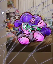 Size: 1896x2286 | Tagged: safe, artist:endercatcore, derpibooru import, oc, oc:artshine aura, unofficial characters only, original species, plush pony, pony, unicorn, glasses, horn, image, indoors, looking at camera, lying down, nonbinary oc, plushie, png, real life background, shattered glass, solo, unicorn oc, watermark