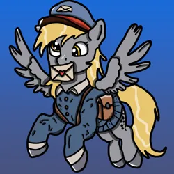 Size: 1024x1024 | Tagged: safe, artist:background_pon3, derpibooru import, derpy hooves, pegasus, pony, g4, bag, cap, derp, digital art, ears up, feral, flying, gradient background, gray fur, hat, heart, holding, image, letter, mail, mailbag, mailmare, mailpony, png, solo, spread wings, wings, yellow eyes, yellow mane