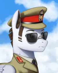 Size: 1615x2016 | Tagged: safe, artist:mrscroup, derpibooru import, fast clip, manerick, pegasus, pony, equestria at war mod, g4, bust, cap, clothes, ear fluff, hat, image, male, military uniform, necktie, png, portrait, solo, stallion, sunglasses, uniform, wings