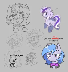 Size: 939x996 | Tagged: safe, artist:morningbullet, derpibooru import, oc, oc:lucky roll, oc:noot, bat pony, earth pony, pony, unicorn, bat pony oc, bat wings, blushing, boykisser, censored, censored vulgarity, clothes, earth pony oc, female, gray background, horn, image, jpeg, kool-aid man, mare, meme, not minuette, oh yeah, simple background, sketch, sketch dump, unicorn oc, vulgar, wings, you like kissing bats