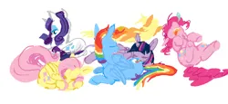 Size: 966x443 | Tagged: safe, artist:marysuesparkledog, derpibooru import, applejack, fluttershy, pinkie pie, rainbow dash, rarity, twilight sparkle, twilight sparkle (alicorn), alicorn, earth pony, pegasus, pony, unicorn, g4, both cutie marks, curled up, eyes closed, feathered wings, folded wings, full body, group, horn, image, legs in air, lidded eyes, looking away, lying down, mane six, missing accessory, on back, open mouth, pixel-crisp art, png, prone, raised hoof, raised hooves, rear view, side view, simple background, sleeping, snot bubble, teeth, tongue out, underhoof, white background, wings